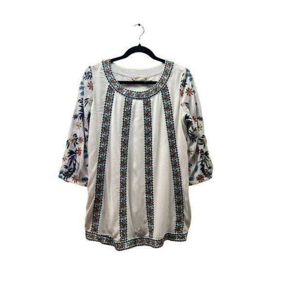 Women Tunic Eleandra Gauze Top Long Sleeved Embroidery White And Floral XS - Picture 5 of 10